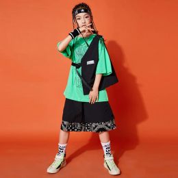 Kids Festival Hip Hop Clothing Green Loose T -Shirt Tops Street Wear Shorts for Girls Boys Jazz Dance Costume Teenage Kpop Kleding