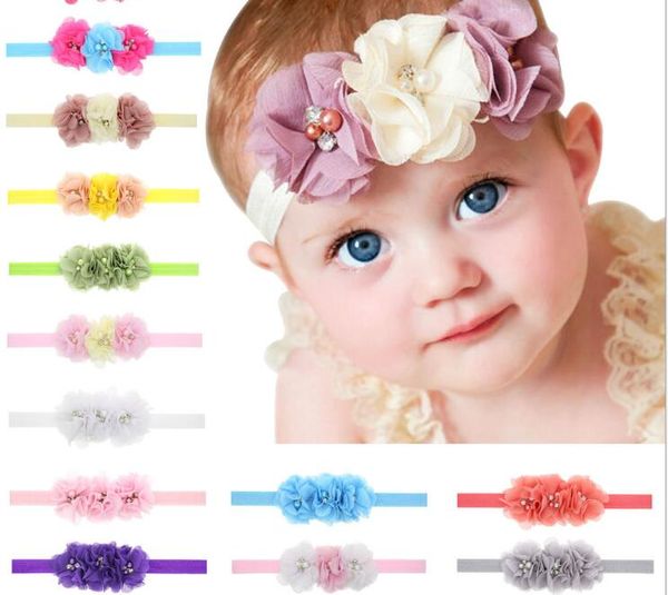 Accesorios florales para el cabello para niños, venta al por mayor, tocado de gasa para niñas recién nacidas, cinta para el pelo con diamantes de imitación y perlas, costura de 3 flores en Y-30