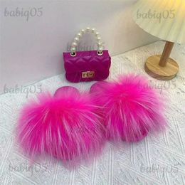 Enfants Fox Pantoufles et sac à main Ensemble en gros Furry Fluffy Fourrure Diaporama Enfant Fille Chaussures Enfant Arc-En-Sandales Jelly Sac Ensembles T231104