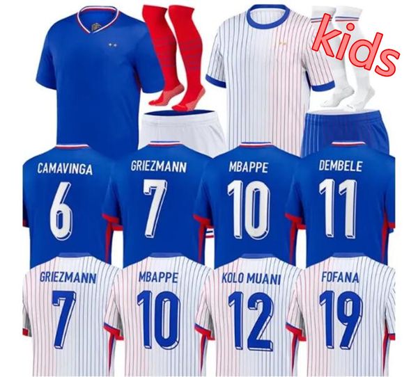 Kits de jersey de fútbol francés para niños Benzema Mbappe 24 25 Griezmann Pogba Kante Children Football Shirts Shorts y calcetines Dembele Varane Giroud