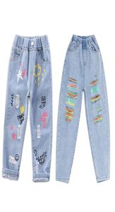 Kinderen meisje jeans bloemen cartoon lange broek lente herfst graffiti schilderij print casual broek met gat JYF 220222331m5184309