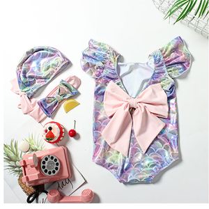 Kids Meisje Eendelige Bowknot Badmode Mei Mermaid Badpak Kinderen Strandkleding Baby Meisjes 3 Stuk Badpak met zwemkap