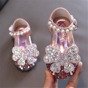 Kindermeisje lovertjes bowknot sandaal zilveren roze kinderen leren schoenen voor bruiloftsfeestmeisjes prinses dansschoenen