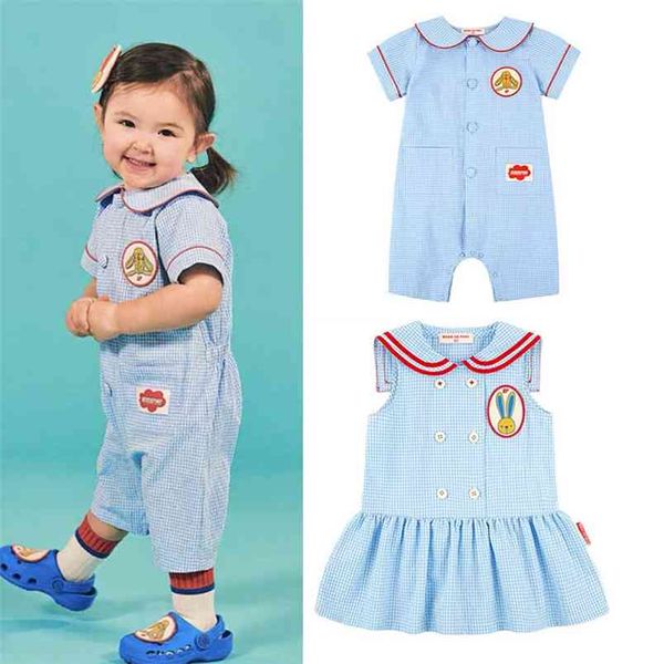 Enfants Fille Robe D'été Style Causal Corée Marque Enfants Clothers Marine Col Bleu Plaid Sans Manches Robes 210619