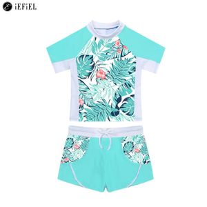 Kids Girls 2 -delige uitslag Guard Set Swimwear Floral Print Swim shirt met korte mouwen met buit shorts tankini zwempak badpak 240518