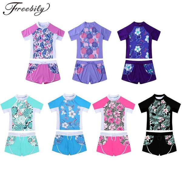 Kids Girls 2 pièces Rash Guard Set Swearwear Imprimer floral Shirt Swim à manches courtes avec short butin