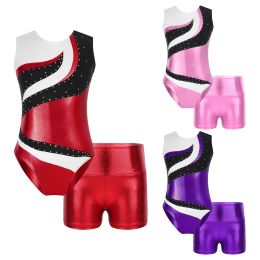 Kids Girls Ballet Dance Sets Mouwess Gymnastics Bodysuit With shorts Skating Tuchard Stage Performance Dancewear Sportswear
