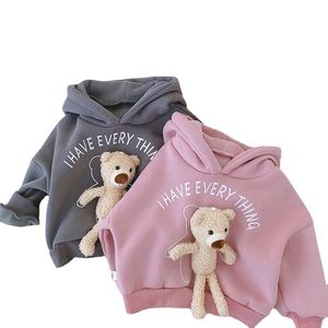 Enfants filles ours sweats à capuche vêtements pour enfants à manches longues et sweats en velours imprimé alphabet dessin animé en peluche ours en peluche haut pull à capuche M4252