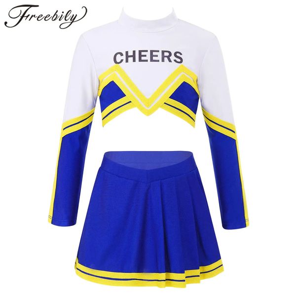 Niños Niñas Traje de animadora Cheer Dance Sets Manga larga Cheers Impreso Tops Falda plisada Conjunto Niños Uniformes de porristas 240305