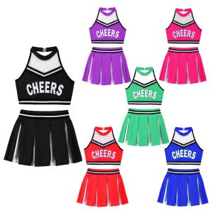 Kids Girls Cheerleader Uniform Dance Costumes Halter Mesh Patchwork applaudissements imprimés avec une jupe plissée et des pompes
