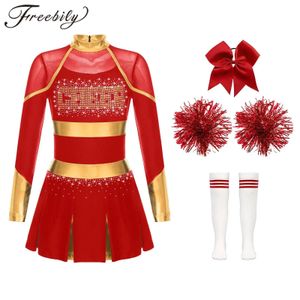 Cheerleading-kostuum voor kinderen, cheerleader, schoolmeisjes, uniform, metallic, lange mouw, jurk, handbloemen, sokken, teamdansoutfits 240305