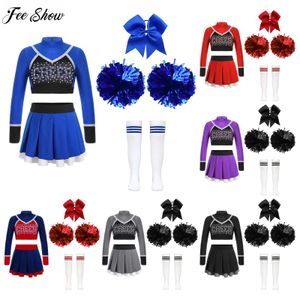 Kids Girls Cheerleading Dance Outfit Rhinestone Letter Patroon Vest Crop Top geplooide rok met hoofddeksels Handbloemen Sokken