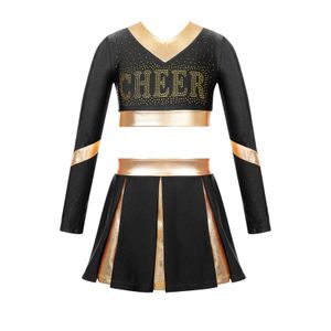 Enfants Filles Cheerleading Uniforme Cheer Dance Performance Outfit Strass Lettre Imprimer Haut Court À Manches Longues avec Jupe Plissée 240305