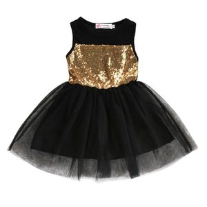 Kids Girls Children Gold Mouwloze pailletten O-hals Bow Bruiloft Princess Party Mesh Black Dress 2-7T Q0716