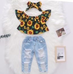 Kids Meisjes Kleding Set Een Schouder Stretch Denim Broek Zomer Meisjes Zonnebloem Top Kleding voor Kinderkleding Set Outfits