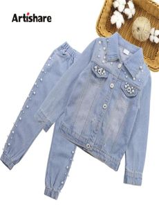 Kinderen Meisjes Kleding Set Parel Decoratie Jas Jeans 2 STUKS Meisjes Set Kleding Casual Stijl Kinderkleding Voor Meisjes 6 8 10 12 X0925611255