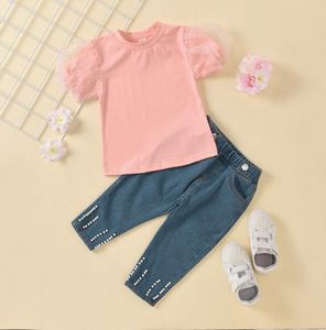 Enfants filles vêtements ensembles dentelle manches bouffantes solide pull t-shirts hauts perle bleu Denim pantalon 2 pièces ensemble