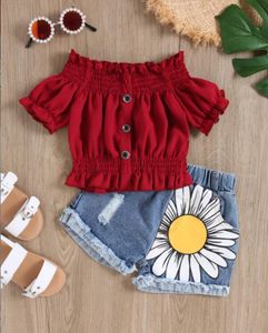 Kidsmeisjeskleding sets met één lijn nek top gescheurde bloemen denim shorts 2pcs set