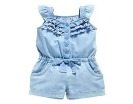 Kinderen Meisjeskleding Rompertjes Denim Blauw Katoen Gewassen Jeans Mouwloos Strik Jumpsuit 05year3123867