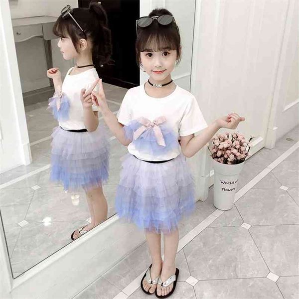 Enfants Filles Vêtements Ensembles Été T-shirts blancs + Jupes en dentelle rose Cak Mode Adolescente Deux pièces 4 8 12 14 ans 210622