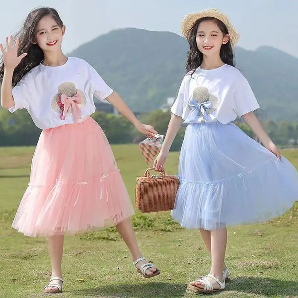 Kids Girls Dress Fashion Princess d'anniversaire d'été T-shirt décontracté robes tutu 2pcs enfants vêtements vestido teen 6 8 10 12 yea 240430