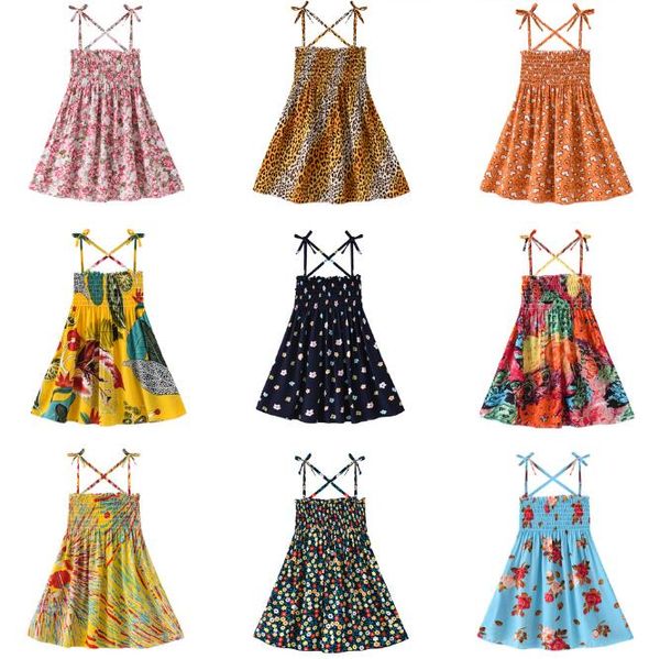 Kids Girls Hobe sans manches Sundress Flower Imprimé Summer Summer Beach Strap Princess Robe Coton Coton Toddler Baby Clothes