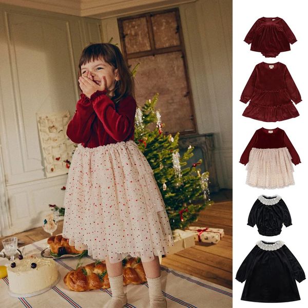 Vestidos para niñas 23 Invierno KS Vino Rojo Terciopelo Vestido de malla Fiesta de Navidad Princesa Niños Bebé Mamelucos Conjunto Conjunto 240325