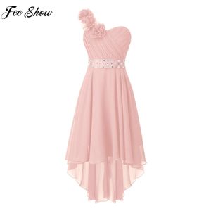 Enfants filles fleur mariage fête d'anniversaire robe une épaule froncé ourlet asymétrique en mousseline de soie robe de princesse avec ceinture détachable