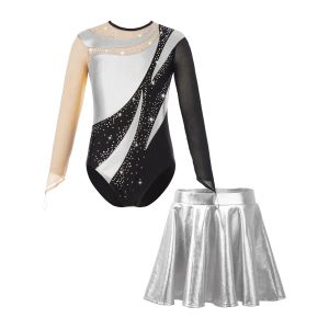 Kids Girls Gymnastics Ballet Outfit Teen Keyhole Back Figuur Skating Tuchard met metalen rokkinderen Performance Dance Wear