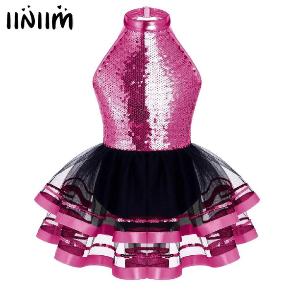 Kids Girls Gymnastics Leotard Unitards Ballet Tutu Robe Sparkling Sequins Stracles Hollow Back Mesh Latin Jazz Dance Costume 240411