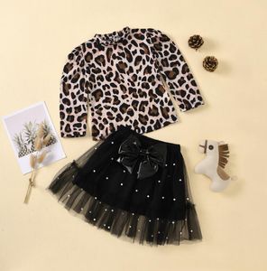 Kids Girls Leopard Clothes Set 2pcs Pullor à manches longues T-shirts Tops Perle en dentelle Bow Tutu jupes