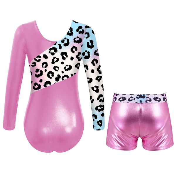 Kids Girls à manches longues Leopard Imprimement de gymnastique justaucorps de gymnastique avec shorts de gymnastique combinaison pour filles filles danses de ballet