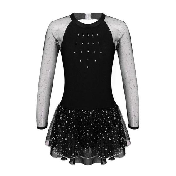 Enfants Filles Maille À Manches Longues Brillant Strass Splice Gymnastique Justaucorps Patinage Artistique Robe De Ballet Performance Dancewear Scène We2196