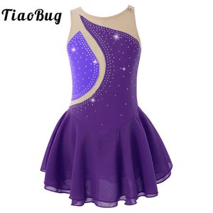 Kids Girls Mesh Splice Rignestone Figure Ice Skating Robe Ballet Dance Stage Performance Performance Dance Costumes 240412