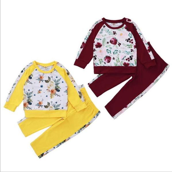 Enfants Filles Tenues Rose Fleur Imprimé Filles Veste Pantalon 2 pcs Ensembles À Manches Longues Enfants Vêtements Ensemble Boutique Enfants Vêtements 2 Conceptions