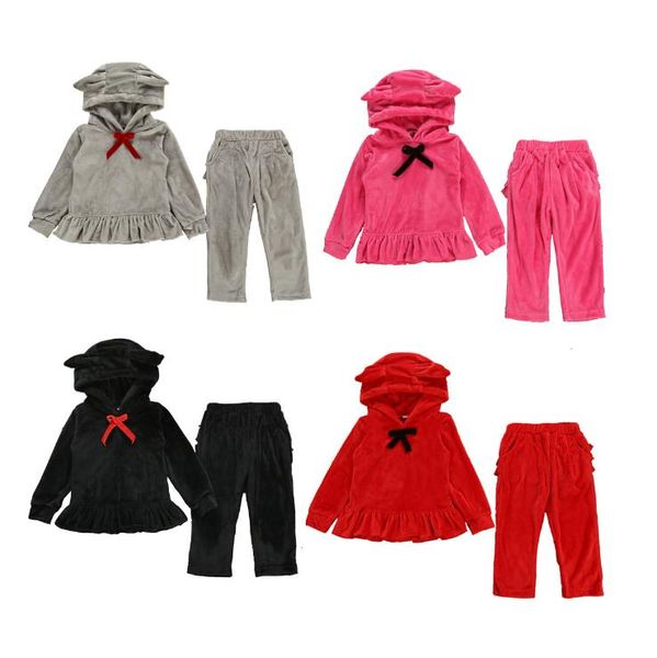 Trajes para niñas, pantalones con capucha de terciopelo para niña, conjuntos de 2 uds, chándal con lazo para niños, conjunto de ropa para niña con volantes, 4 colores dulces DW4286