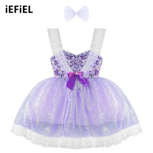 Kids Girls Princess Dress Childrens Day Birthday Party Outfit Ruches Lace Tim Mouwloze jurken met Bow Hair Clip Lades 240403