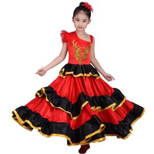 Enfants filles robe de danse du ventre rouge Costume de Flamenco espagnol robe tribale de salle de bal avec fleur de tête