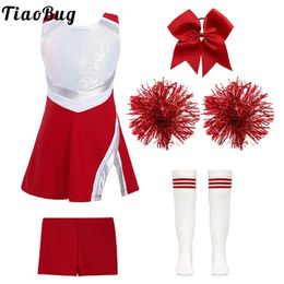 Kinderen Meisjes Pailletten Cheerleader Kostuum Outfit Mouwloos Cheerleading Dress Up Uniform Cheer Leader Jurk Met Bloem Ballen Set 240305