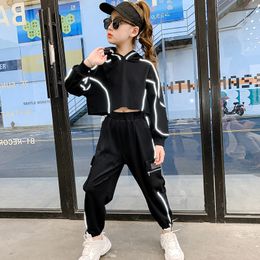 Kids Girls Sets Black Hoodie Sweatshirts Reflecterende Strip Sweatpant 2 stks Suits Harembroek Sport Outfits Hip Hop Tracksuit 2020x1019