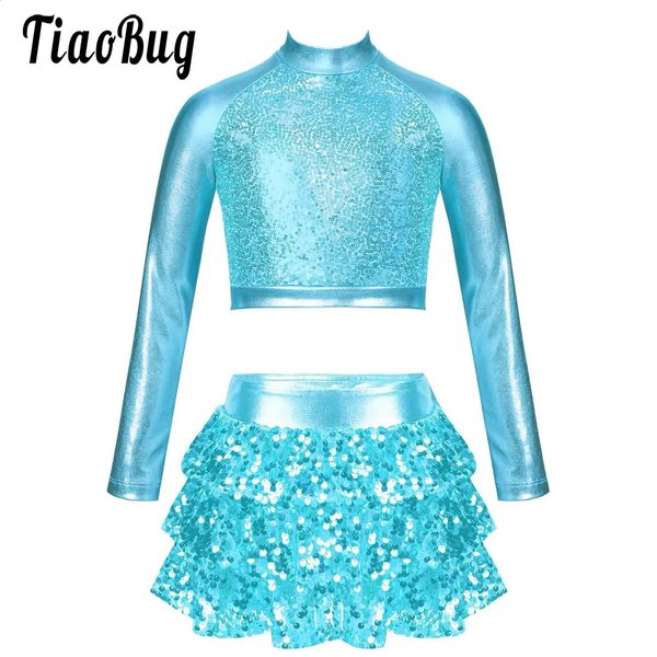 Niños Girls Shiny Sequins Jazz Hip Hop Dance Outfits 2pcs Modern Dancing trajes de baile de perfil