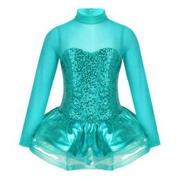 Kids Meisjes Glanzende Pailletten Tulle Splice Keyhole Terug Figuur Schaatsen Rolschaatsen Ballerina Ballet Dans Turnpakje Tutu Dress241J