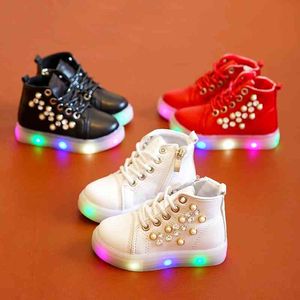 Kinderen meisjes schoenen platte hakken lace up mode casual kinderen meisje led licht schoenen flash parel kristal schoenen laarzen wit roze rood 210713