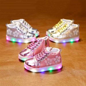 Niños Niñas Zapatos Flores Cristal Moda Casual Niños Chica LED Zapatos Luz Flash Placa Plana Lace Up Zeipper Zapatos Oro Plata 210713