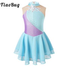 Kids Girls Sans manches robe de patinage artistique brillant paillettes florales mises tutu tutu ballet gymnastique danse justaucorps costume 240420