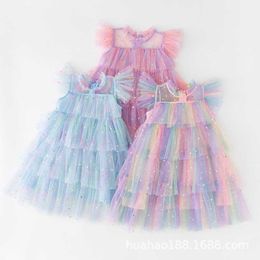 Kids Girls Sparkle Dresses 2023 Fashion Children Clothing Mesh Star Summer Cake Princess Jurken Baby Desse 3-8t