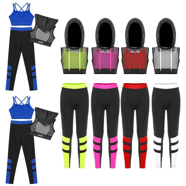 Kids Girls Sport Set 3 pièces Camisole à capuche Crop top et leggings sportifs en jersey adolescents Hip Hop Street Dance Clothing