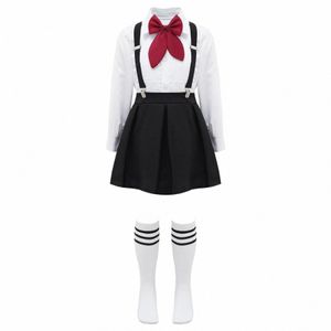 Niños Niñas Estudiante Uniforme escolar Colegiala Traje Camisa Top con tirantes Falda Calcetines Conjuntos Niños Coro Traje de rendimiento Q7sX #