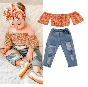 Ensemble de vêtements d'été pour enfants filles, épaules dénudées, manches courtes, hauts floraux, pantalons en Denim déchirés, tenues décontractées pour bébés