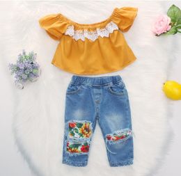 Kids Girls Summer Cloths Sets Baby Off Schouder Korte Mouw Lace Tops Floral gescheurde denim broek kinderen Outfits